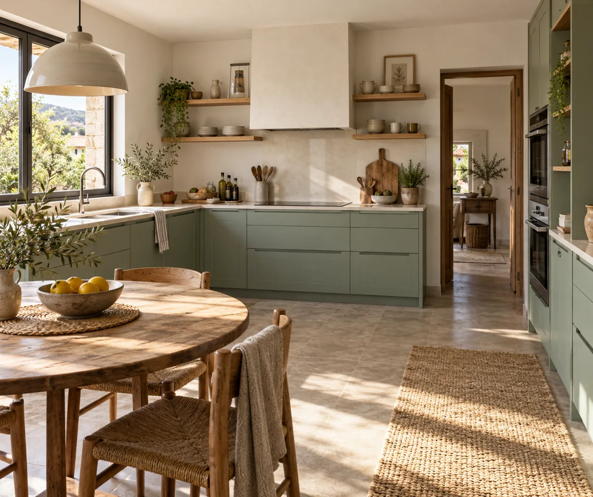 Imagen conceptual: Cocina familiar con muebles verdes y mesa separada del frente de trabajo